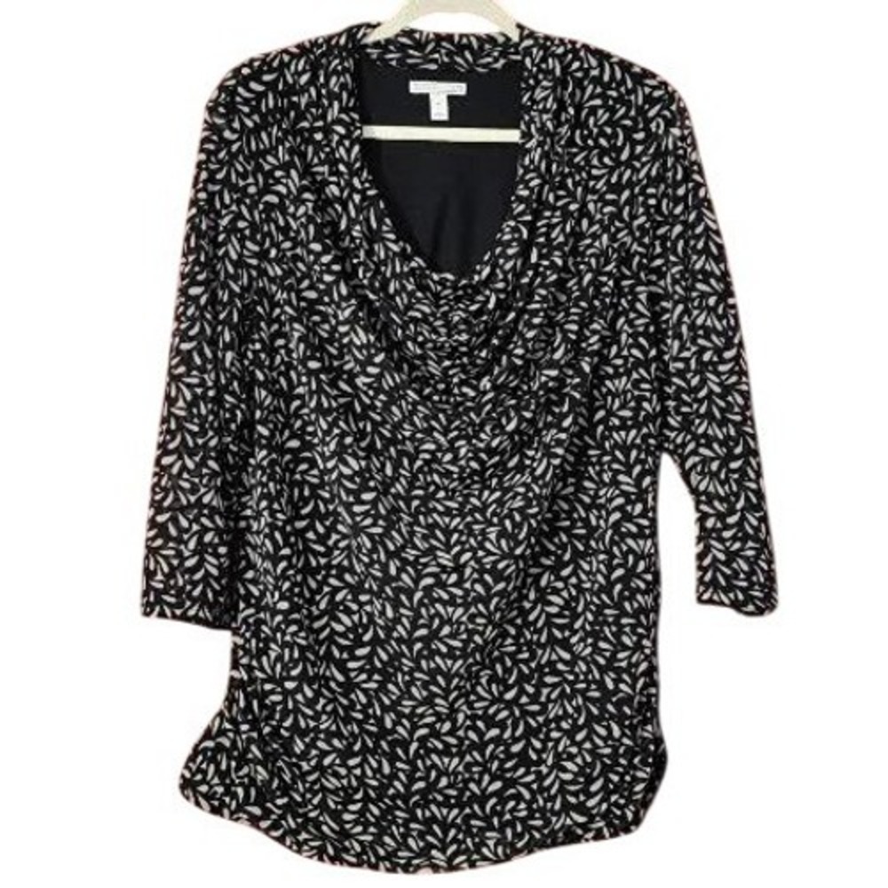 Dana Buchman Womens Blouse Black White Abstract Leaf Cowl Neck 3/4 Sleeve XL